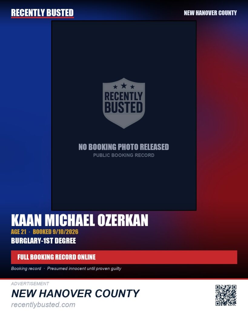 KAAN MICHAEL OZERKAN — arrest record card, New Hanover County