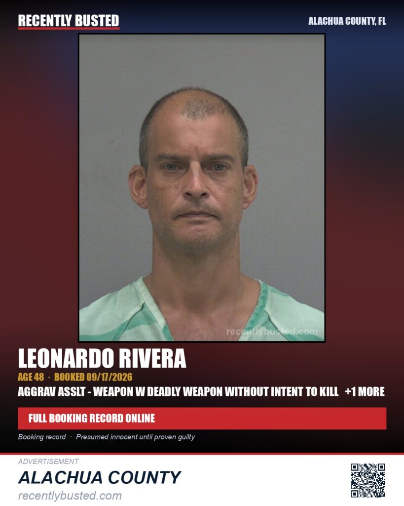 Leonardo Rivera — arrest record card, Alachua County, Florida