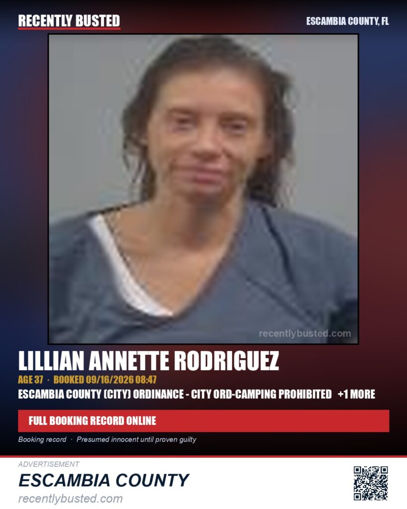Lillian Annette Rodriguez — arrest record card, Escambia County, Florida