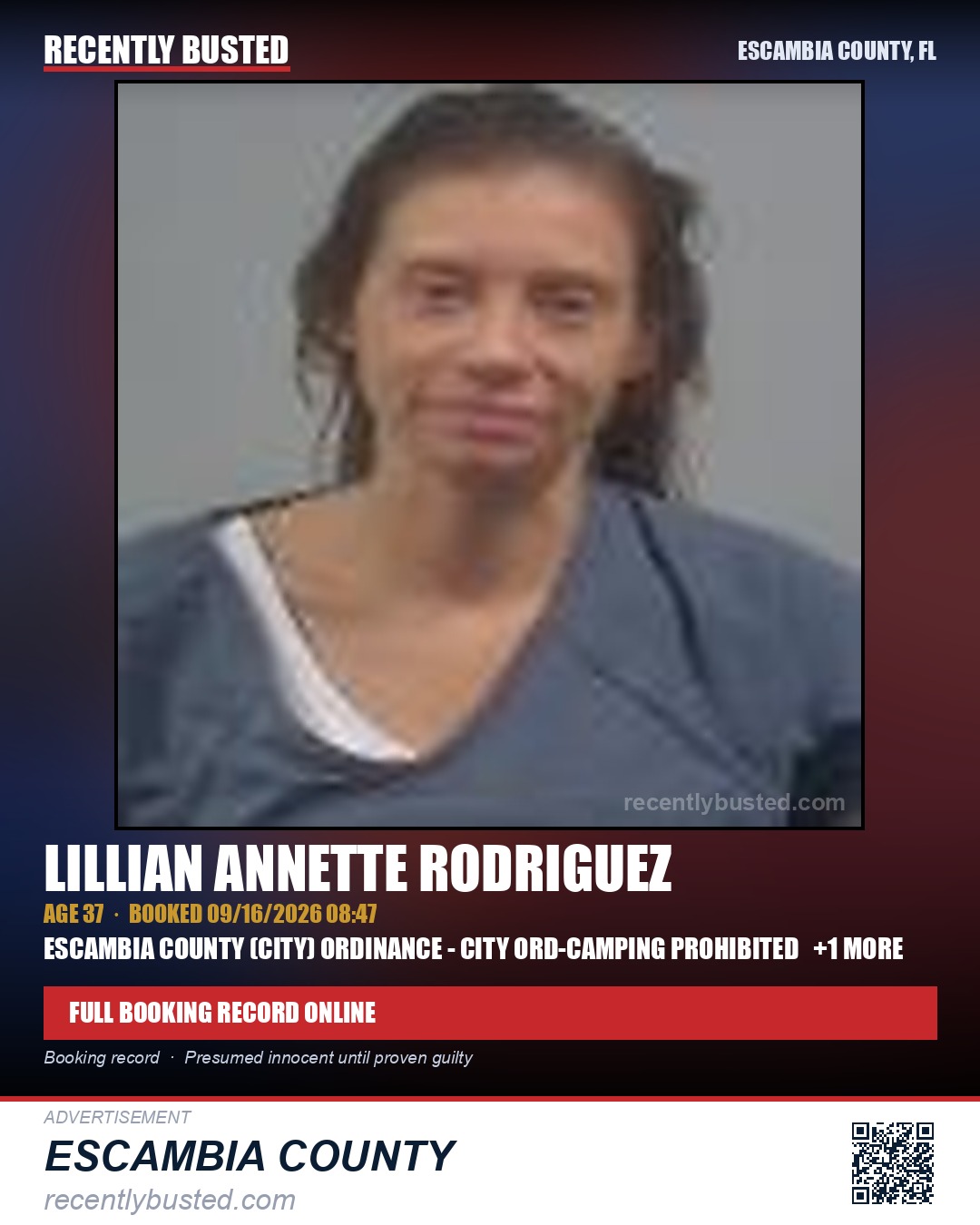 Lillian Annette Rodriguez — arrest record card, Escambia County, Florida