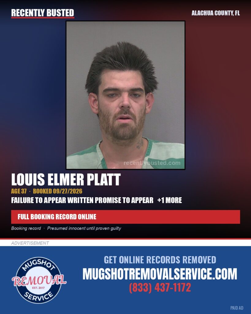 Louis Elmer Platt — arrest record card, Alachua County, Florida