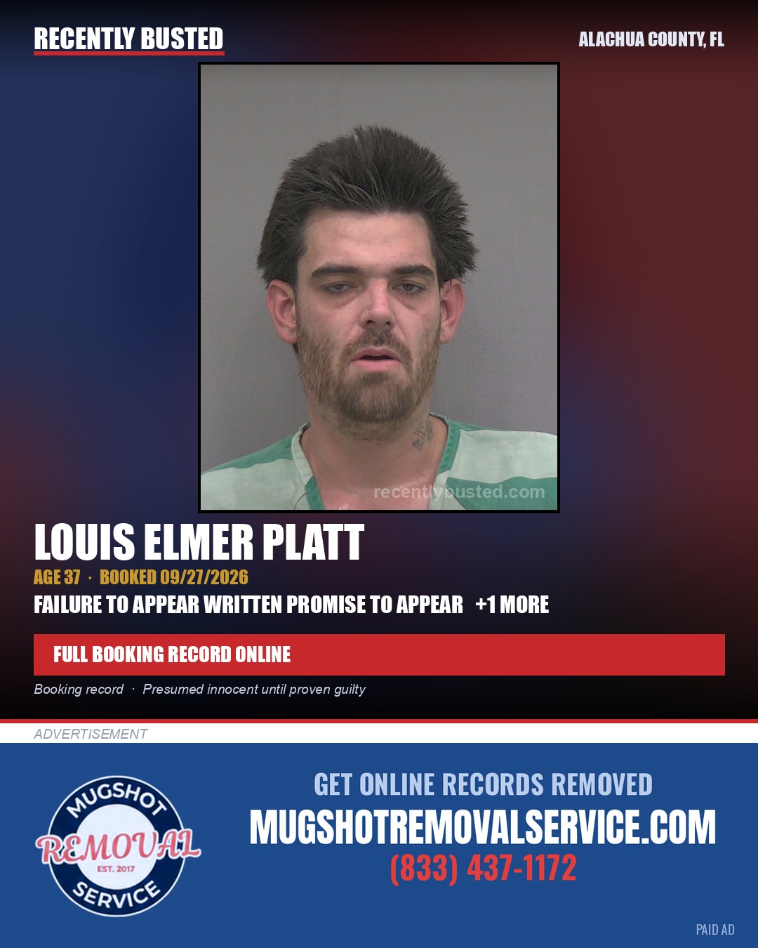 Louis Elmer Platt — arrest record card, Alachua County, Florida