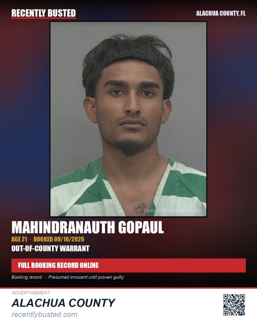 Mahindranauth Gopaul — arrest record card, Alachua County, Florida