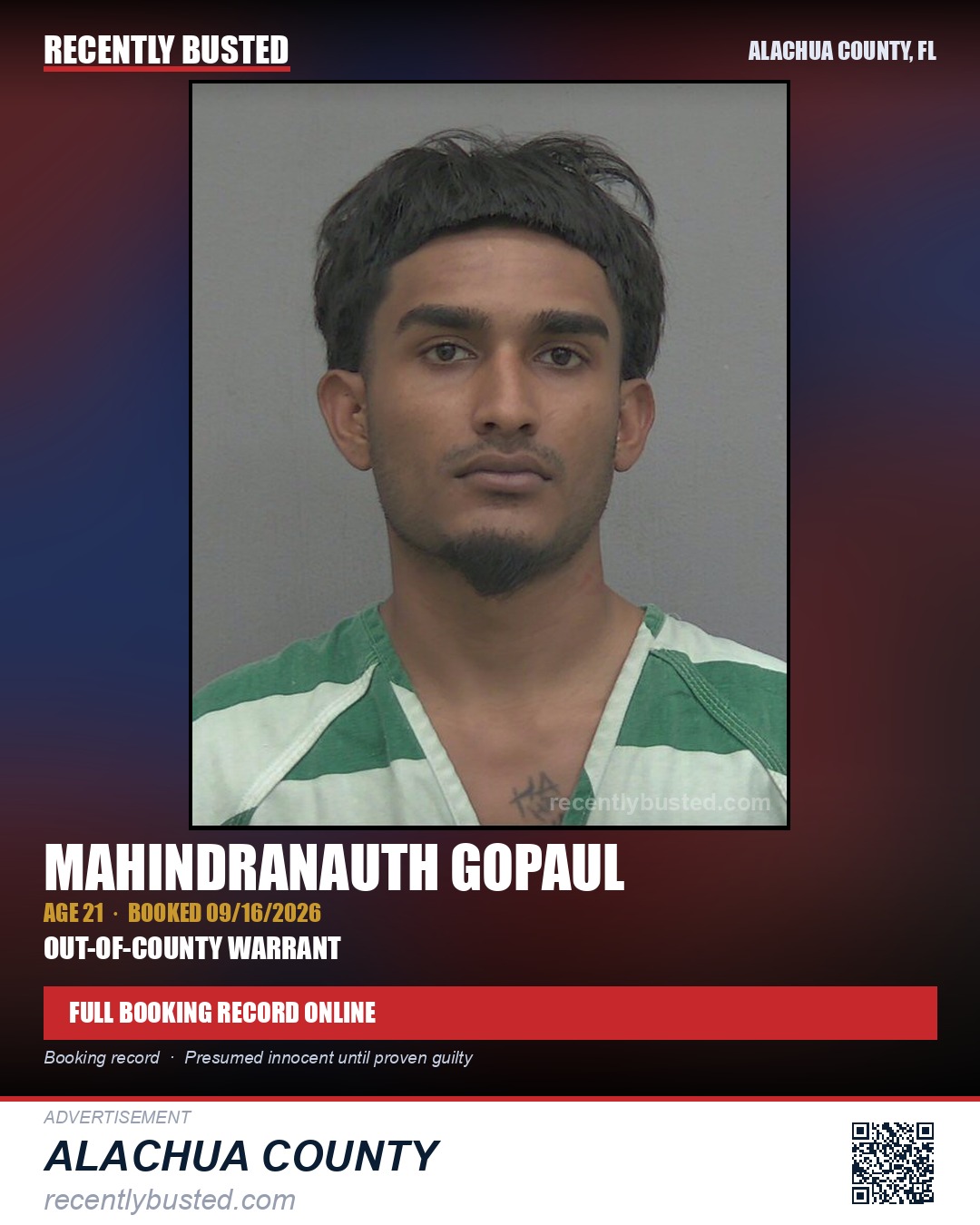 Mahindranauth Gopaul — arrest record card, Alachua County, Florida