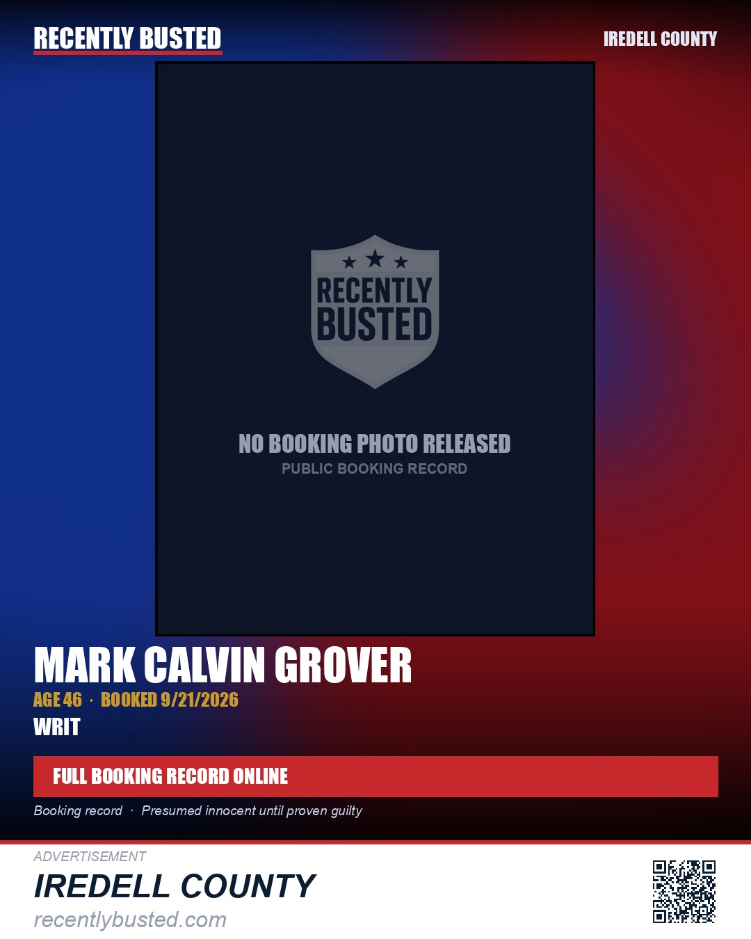 MARK CALVIN GROVER — arrest record card, Iredell County