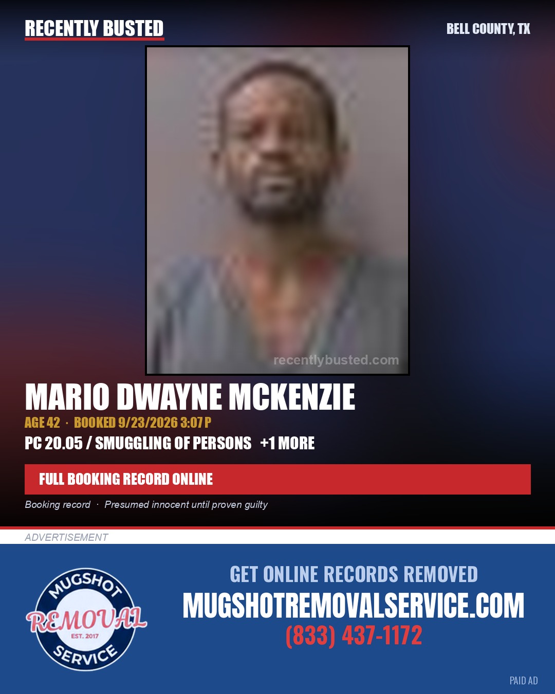 MCKENZIE, MARIO DWAYNE — arrest record card, Bell County, Texas
