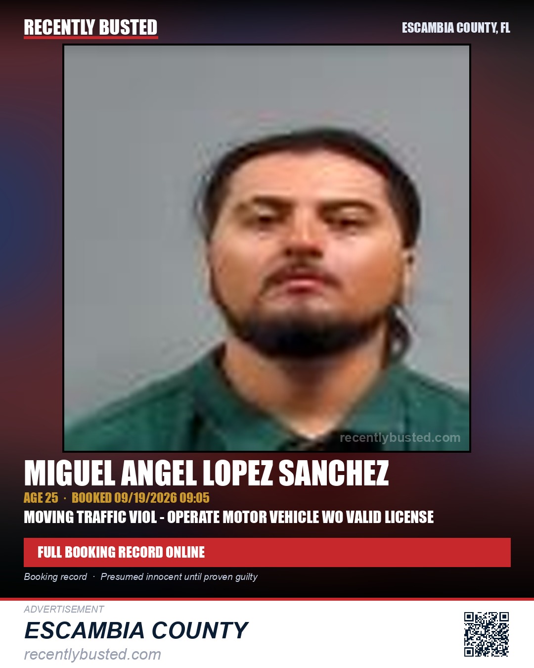 Miguel Angel Lopez Sanchez — arrest record card, Escambia County, Florida