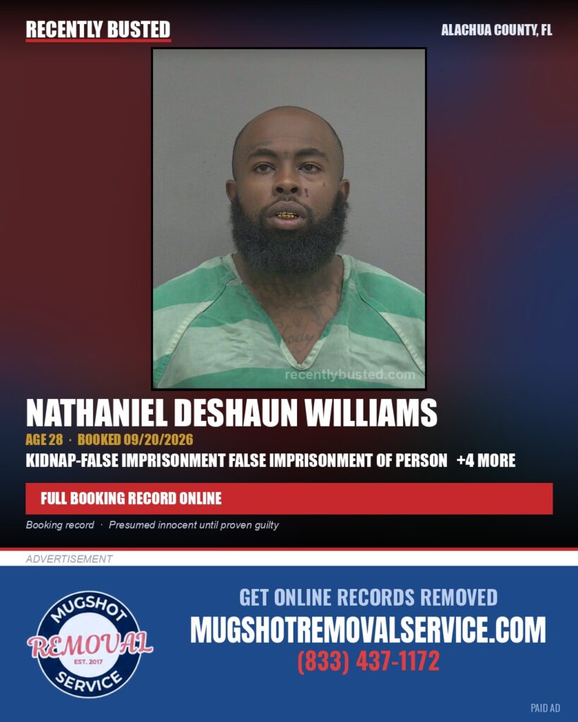 Nathaniel Deshaun Williams — arrest record card, Alachua County, Florida