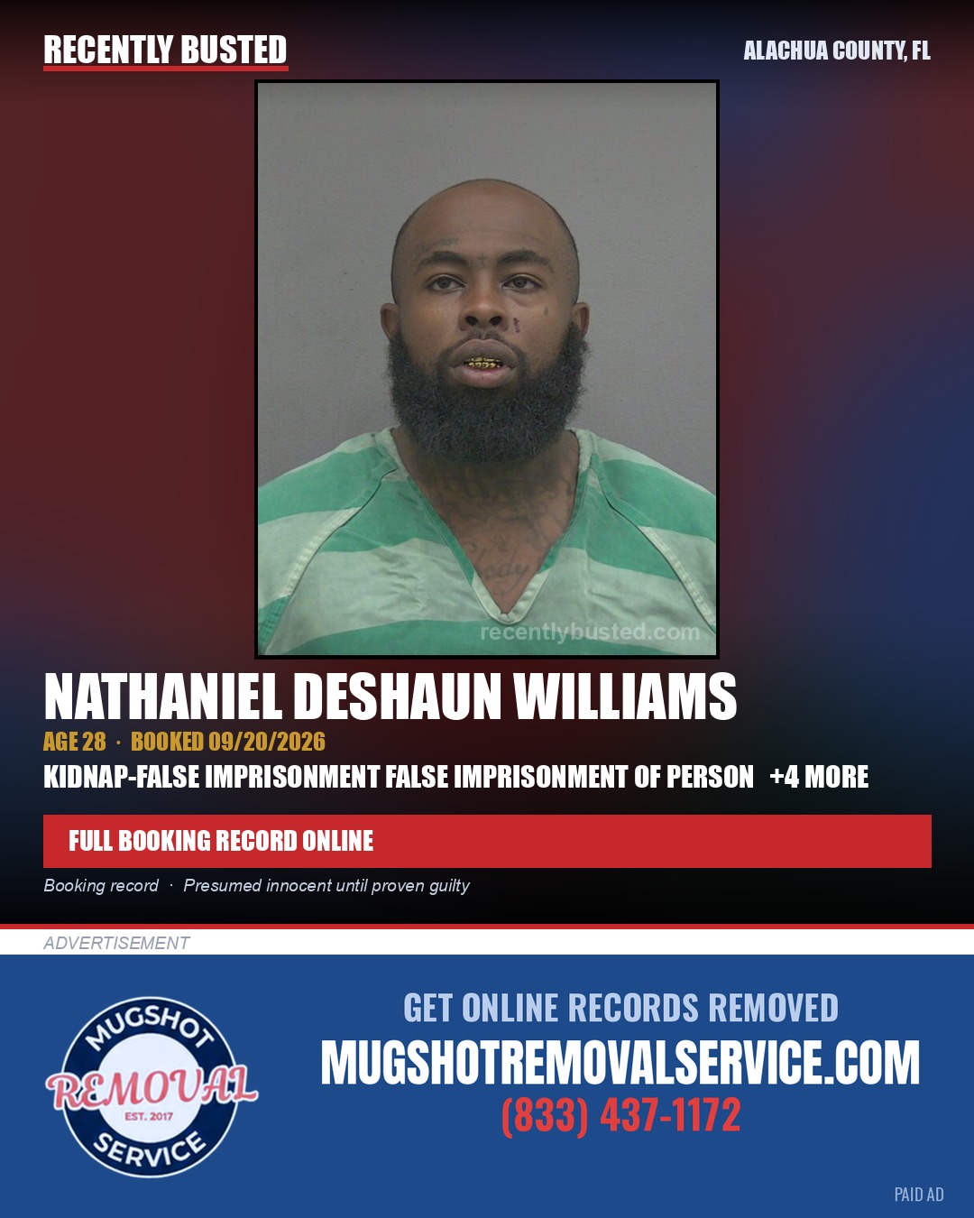 Nathaniel Deshaun Williams — arrest record card, Alachua County, Florida