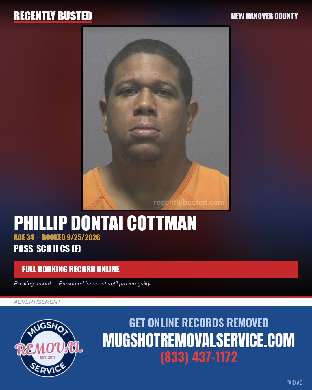PHILLIP DONTAI COTTMAN — arrest record card, New Hanover County