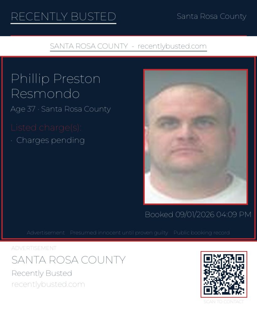 Phillip Preston Resmondo — arrest record card, Santa Rosa County, Florida