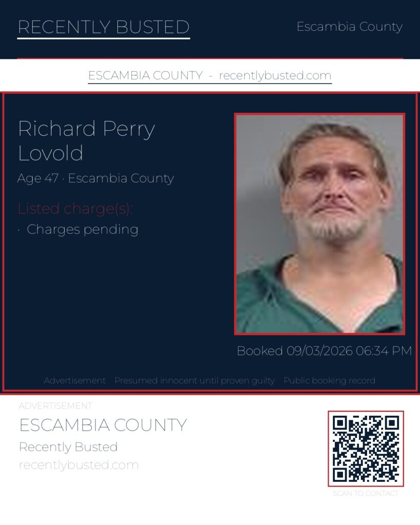 Richard Perry Lovold — arrest record card, Escambia County, Florida