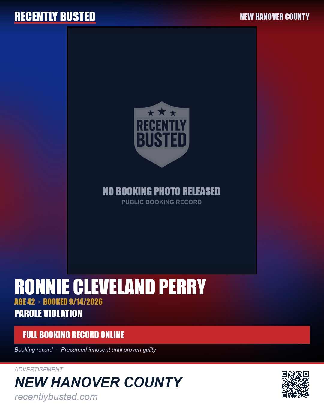 RONNIE CLEVELAND PERRY — arrest record card, New Hanover County