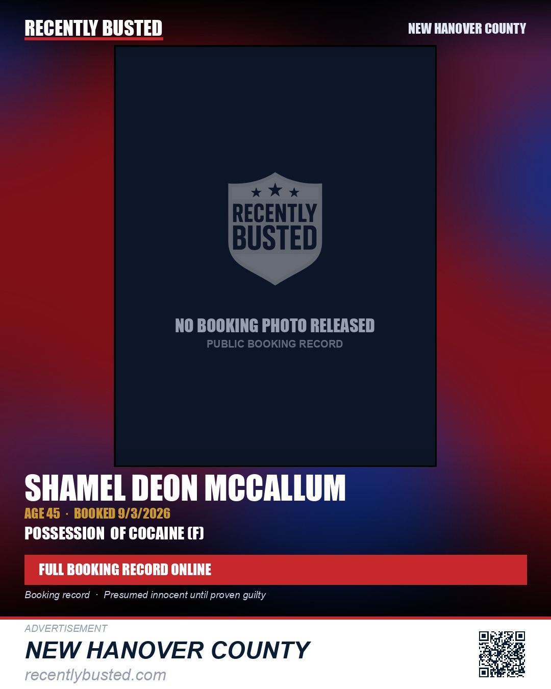SHAMEL DEON MCCALLUM — arrest record card, New Hanover County