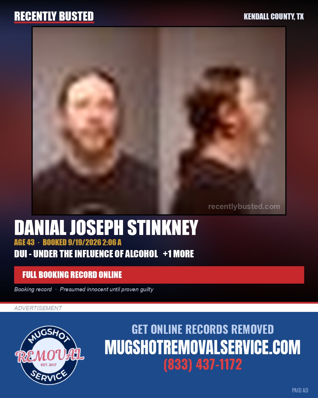 STINKNEY, DANIAL JOSEPH — arrest record card, Kendall County, Illinois