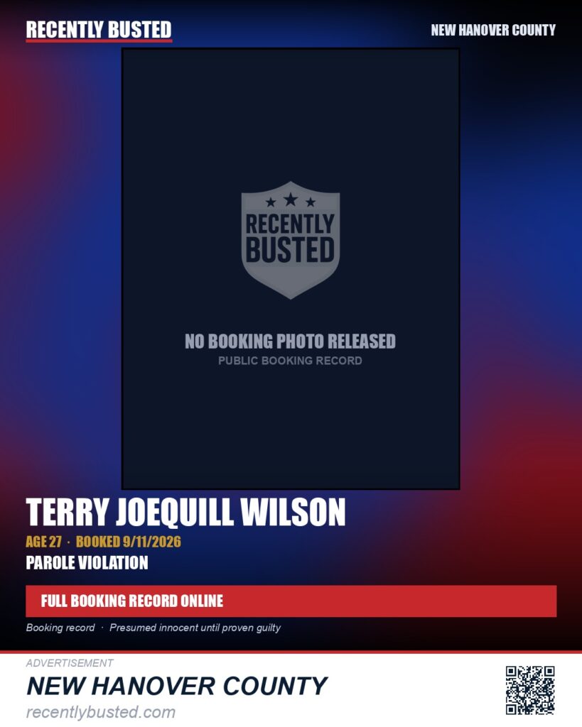 TERRY JOEQUILL WILSON — arrest record card, New Hanover