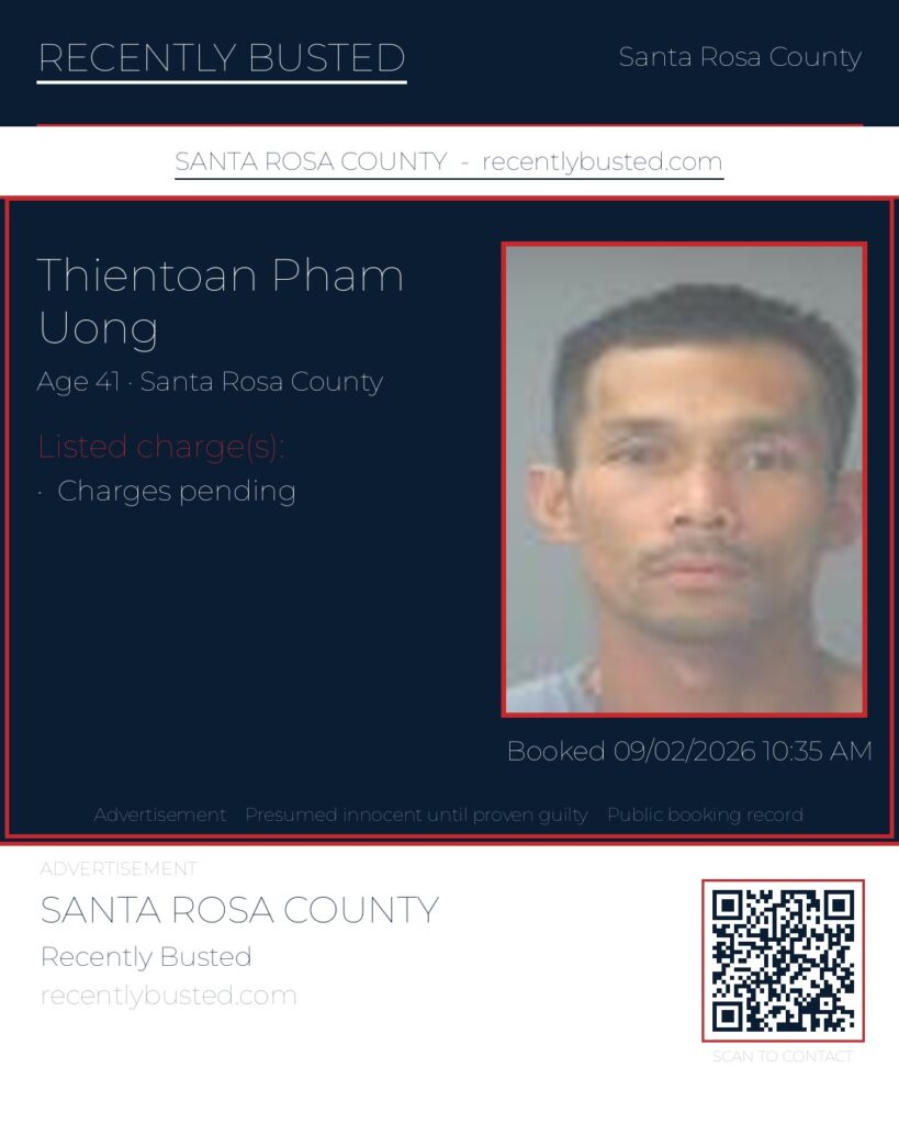 Thientoan Pham Uong — arrest record card, Santa Rosa County, Florida