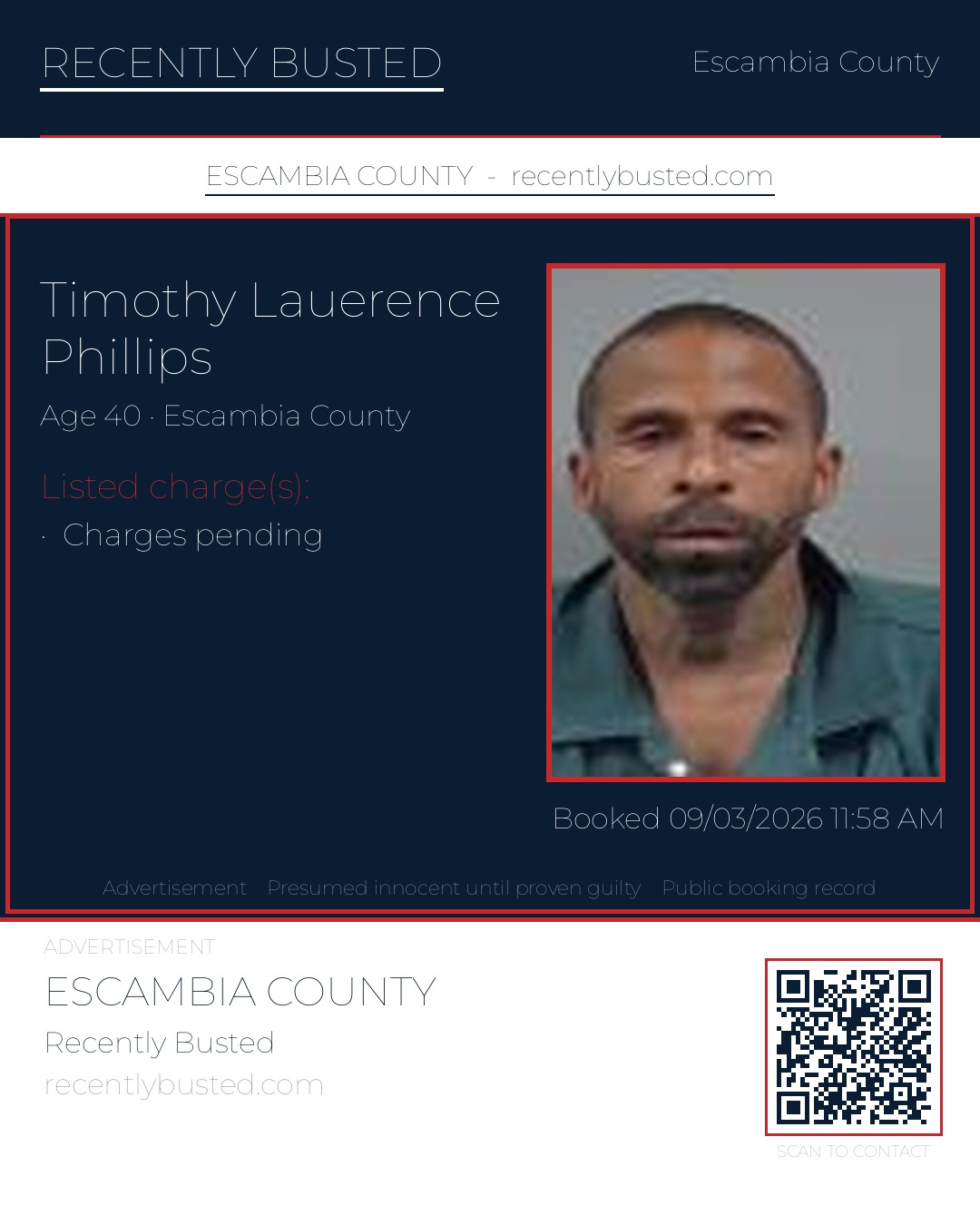 Timothy Lauerence Phillips — arrest record card, Escambia County, Florida