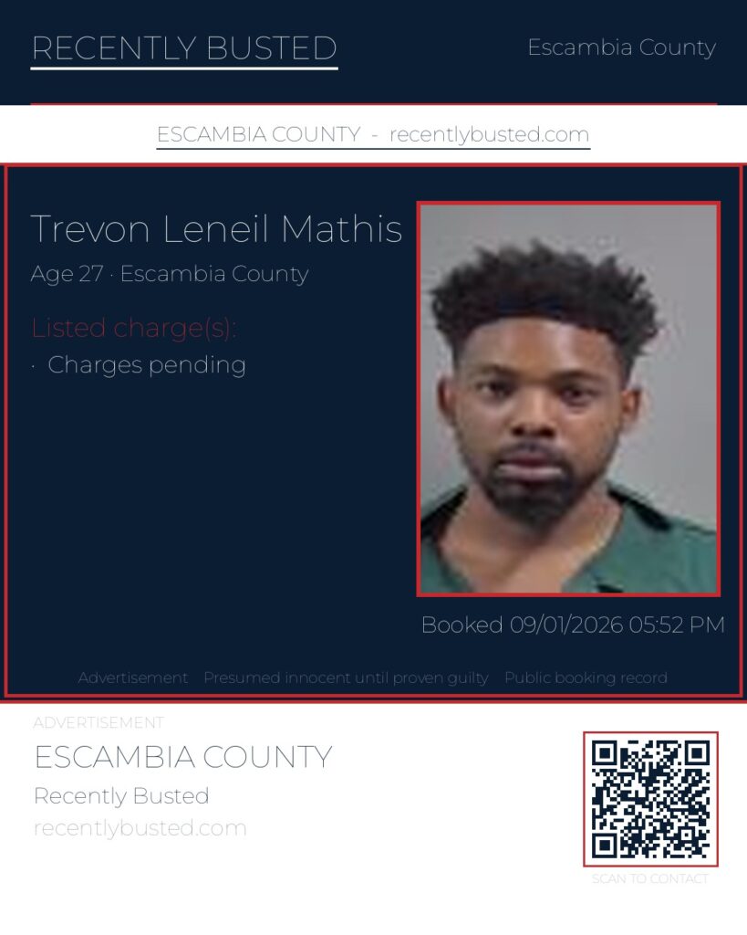 Trevon Leneil Mathis — arrest record card, Escambia County, Florida