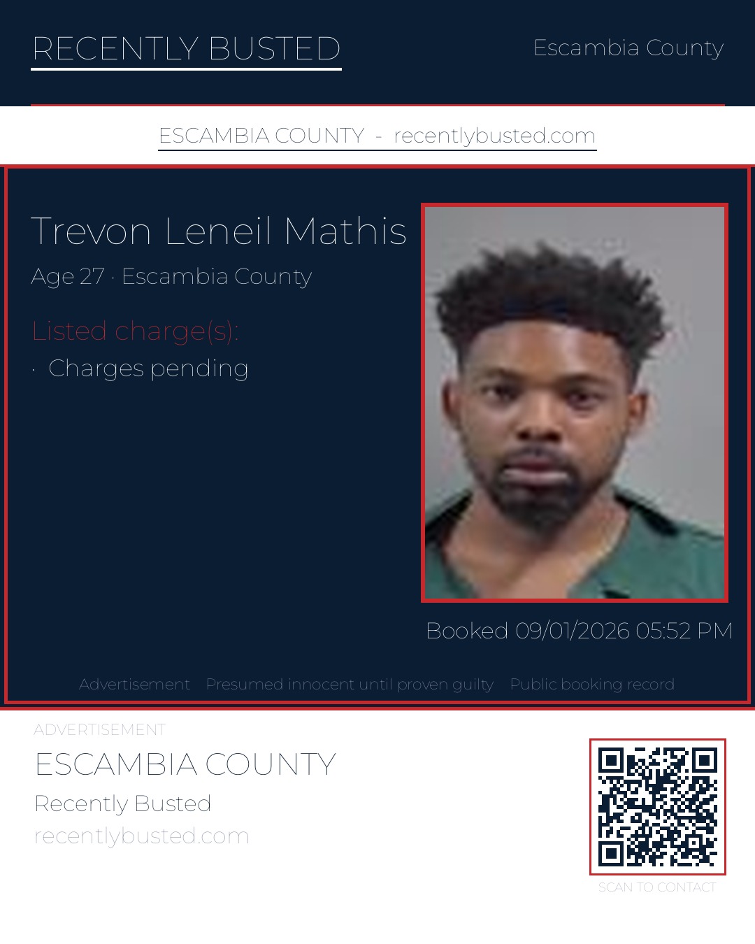 Trevon Leneil Mathis — arrest record card, Escambia County, Florida