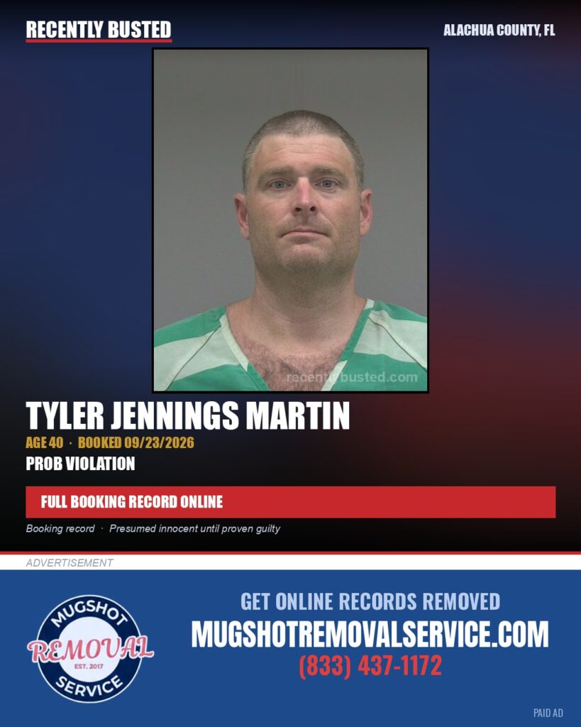Tyler Jennings Martin — arrest record card, Alachua County, Florida