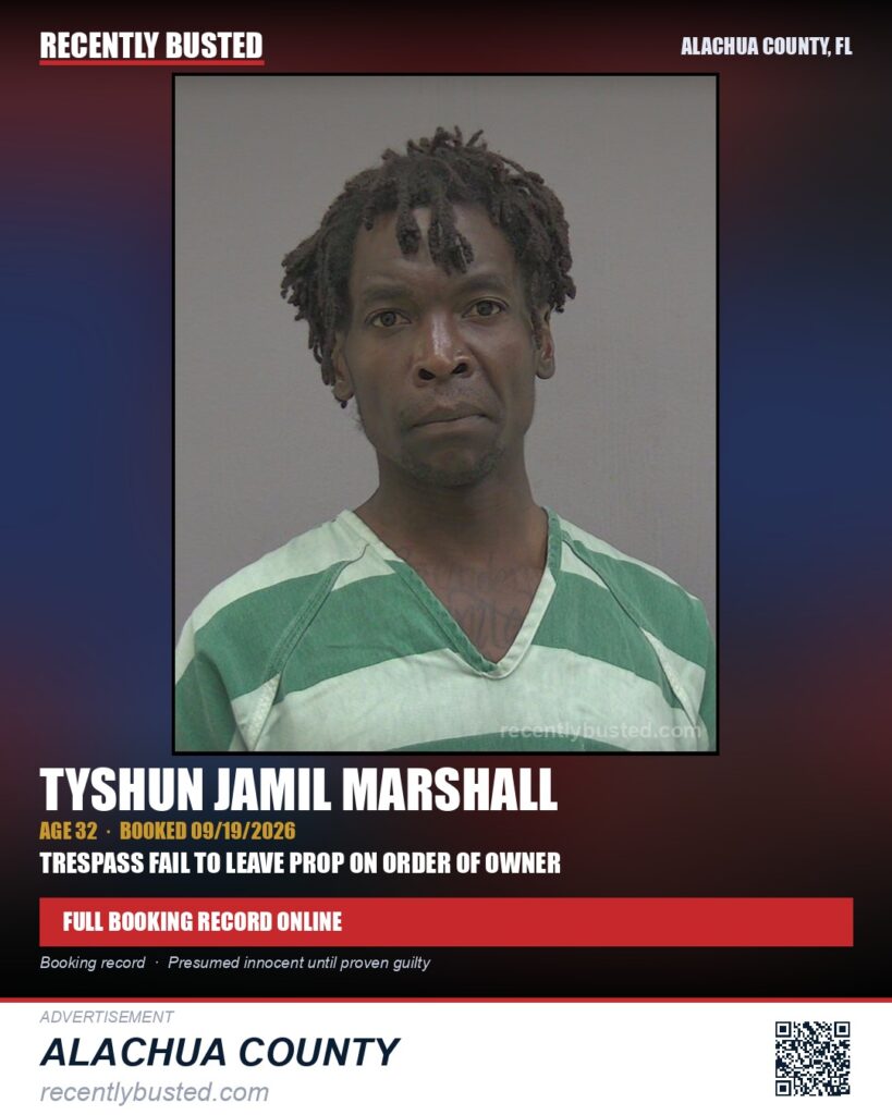 Tyshun Jamil Marshall — arrest record card, Alachua County, Florida