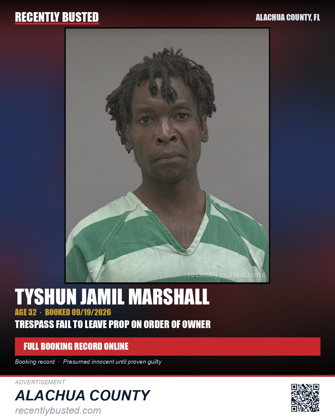 Tyshun Jamil Marshall — arrest record card, Alachua County, Florida