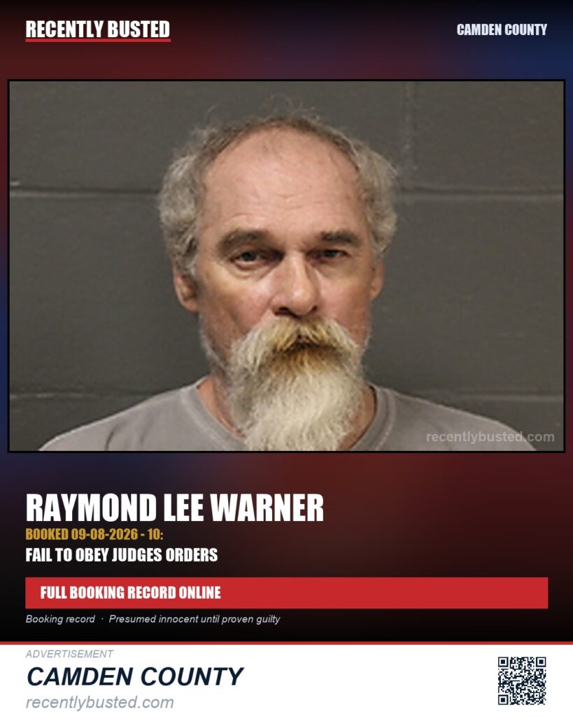 Warner, Raymond Lee — arrest record card, Camden County