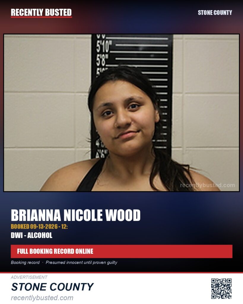 Wood, Brianna Nicole — arrest record card, Stone County