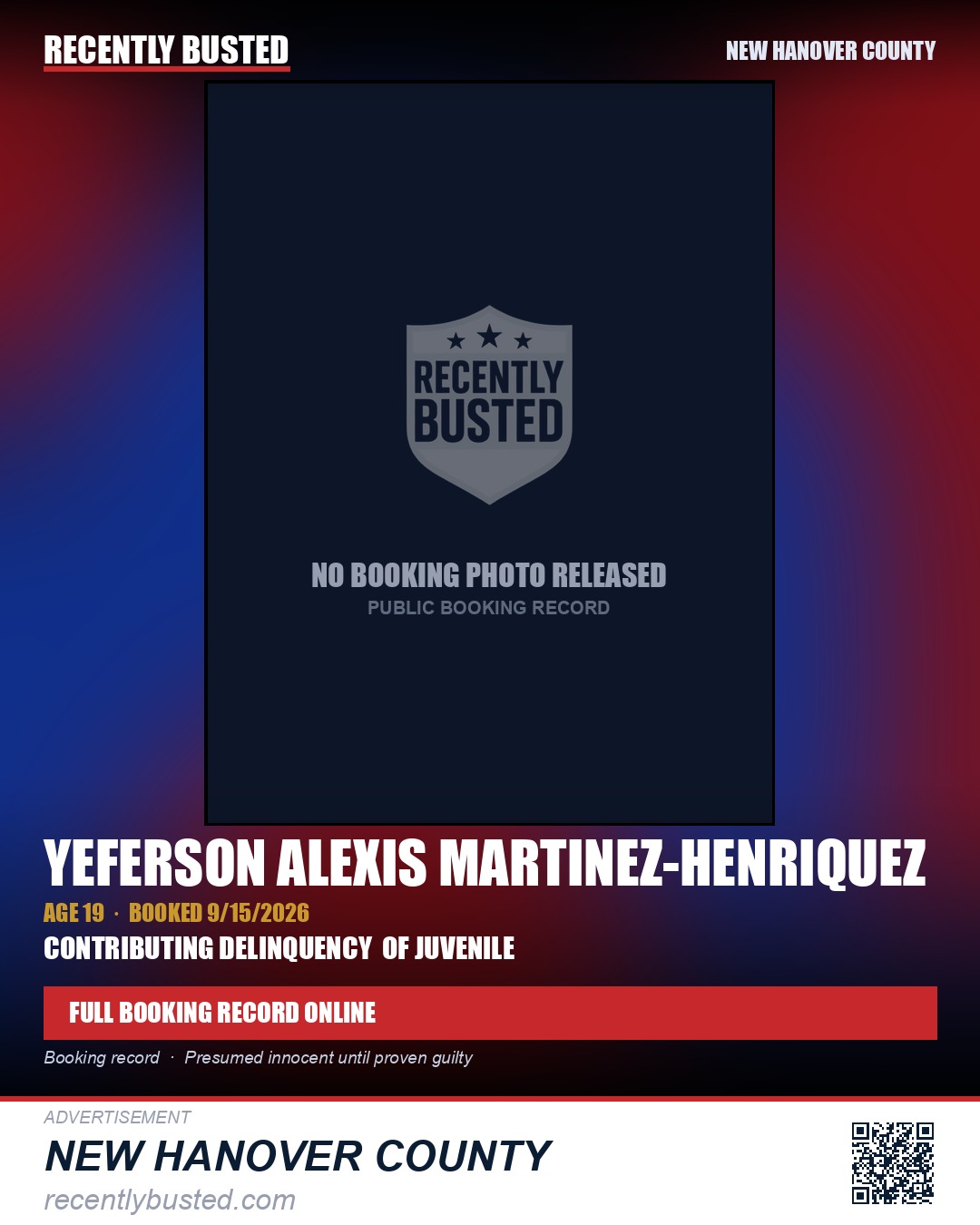 YEFERSON ALEXIS MARTINEZ-HENRIQUEZ — arrest record card, New Hanover County