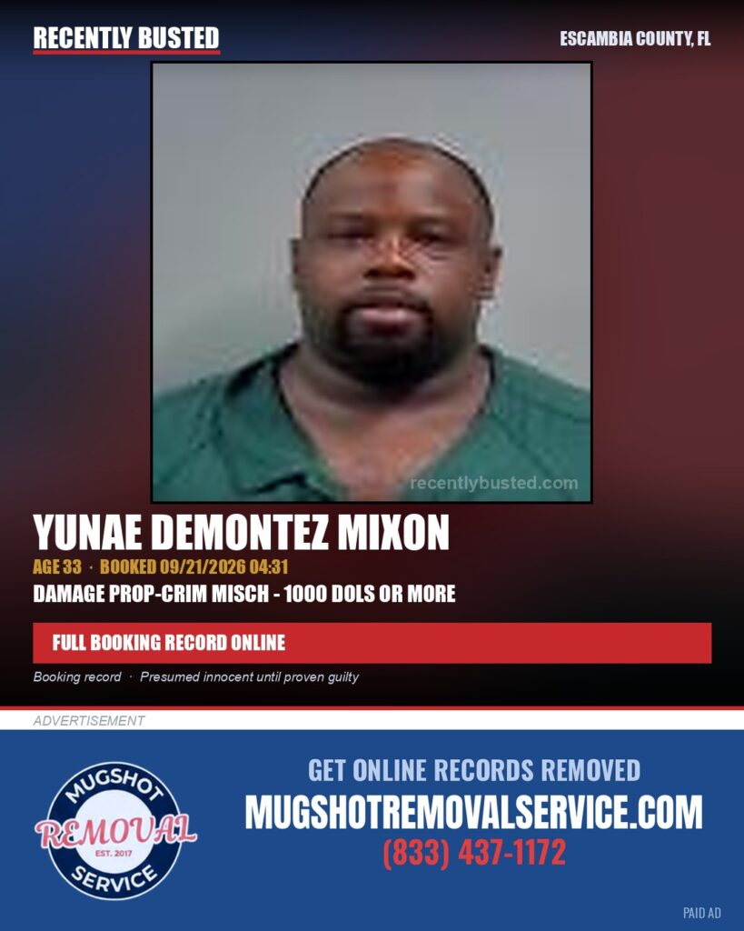 Yunae Demontez Mixon — arrest record card, Escambia County, Florida