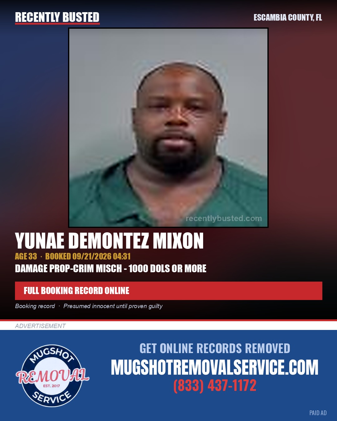 Yunae Demontez Mixon — arrest record card, Escambia County, Florida