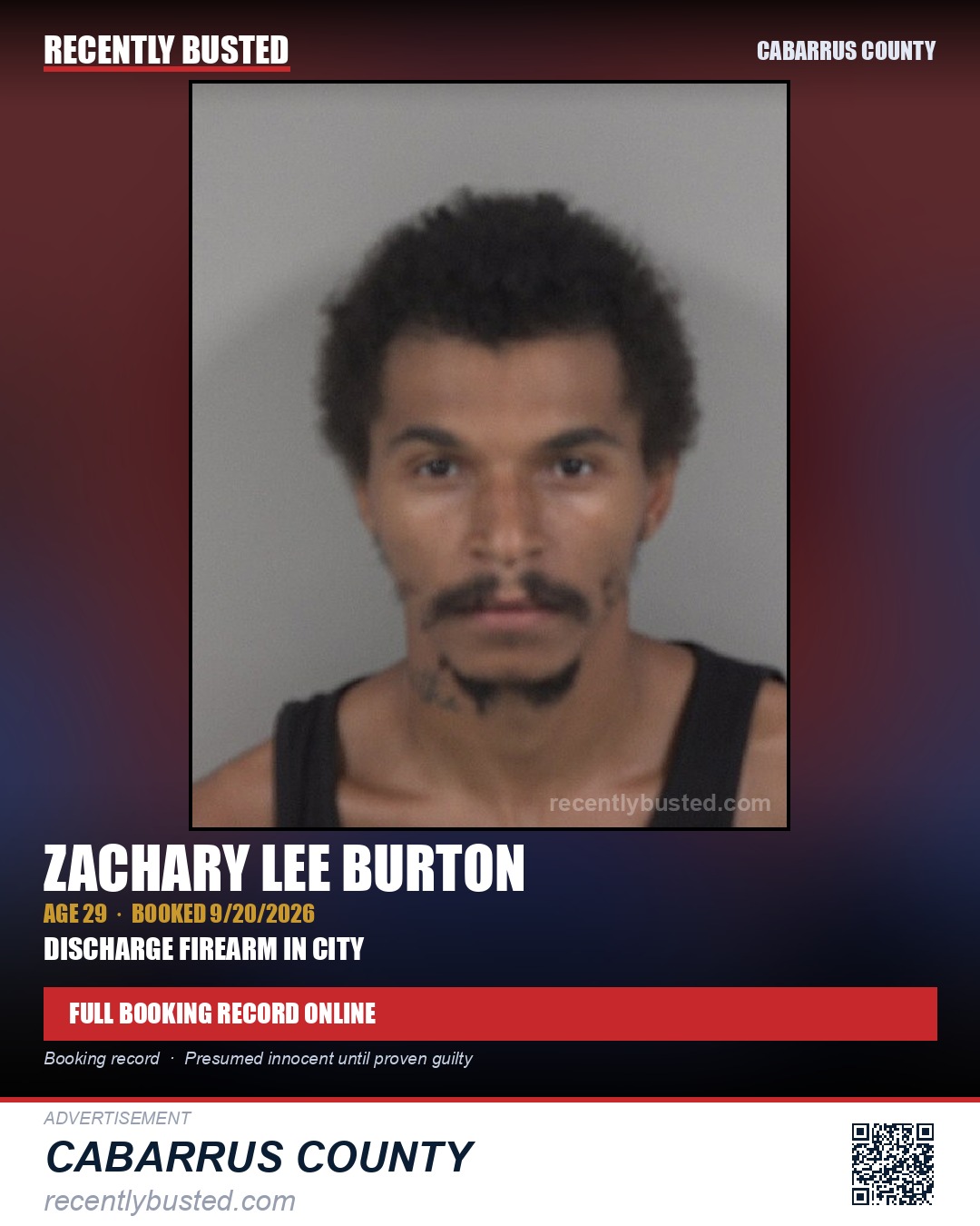 ZACHARY LEE BURTON — arrest record card, Cabarrus County
