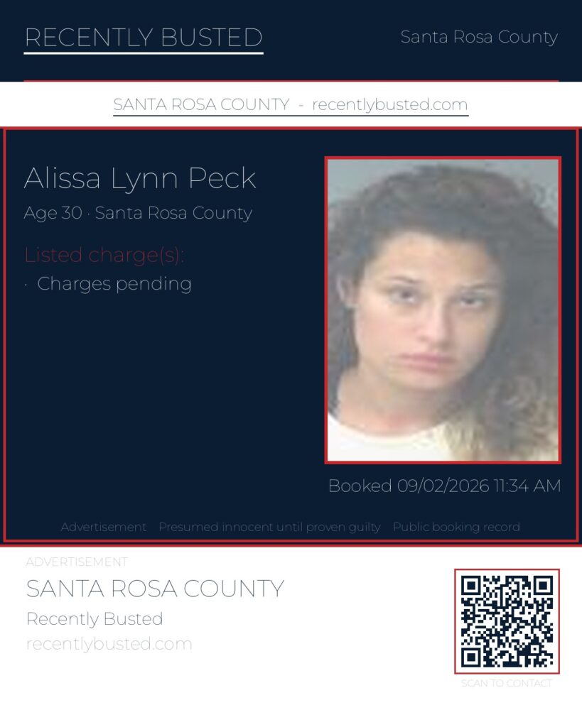 Alissa Lynn Peck — arrest record card, Santa Rosa County, Florida