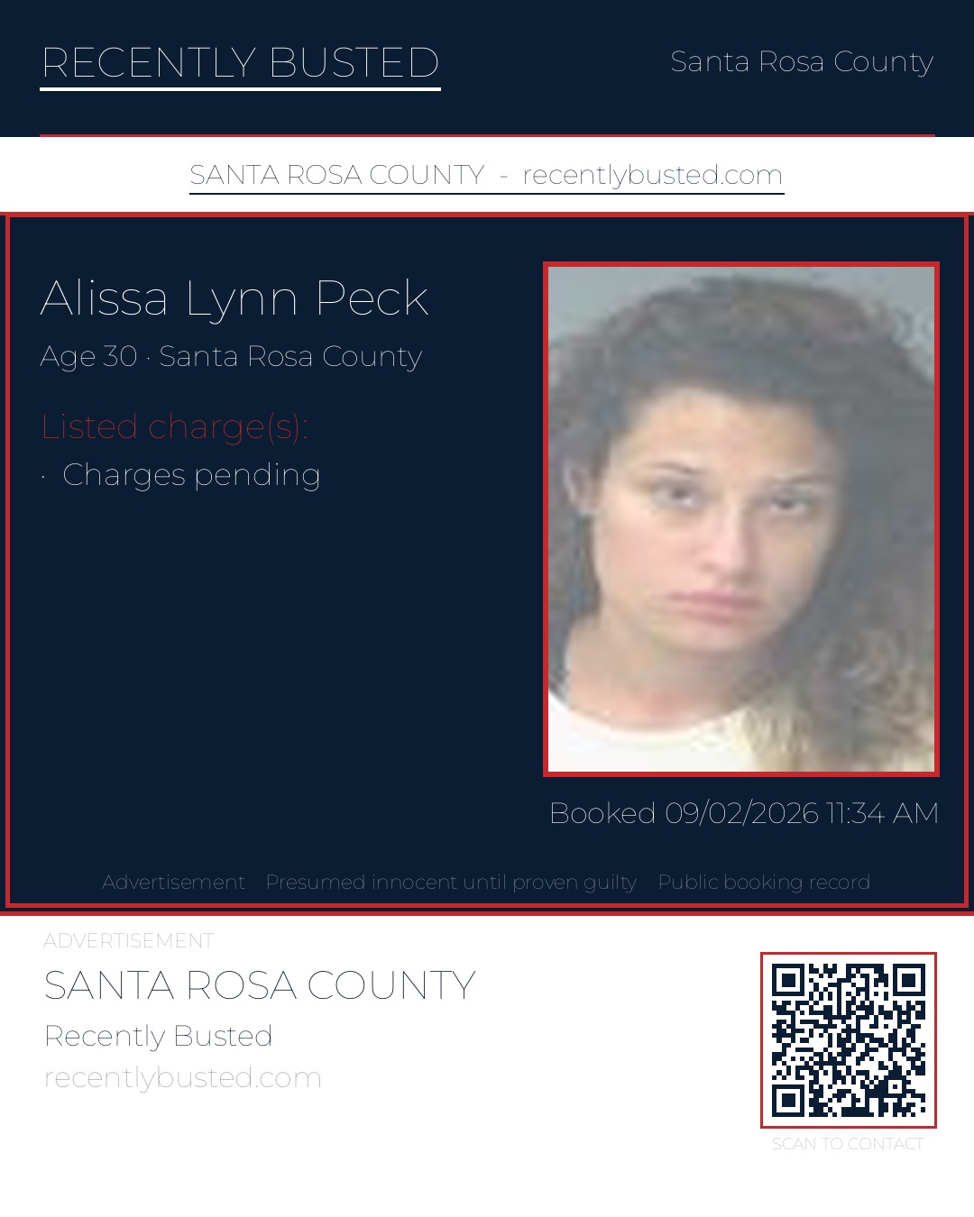 Alissa Lynn Peck — arrest record card, Santa Rosa County, Florida