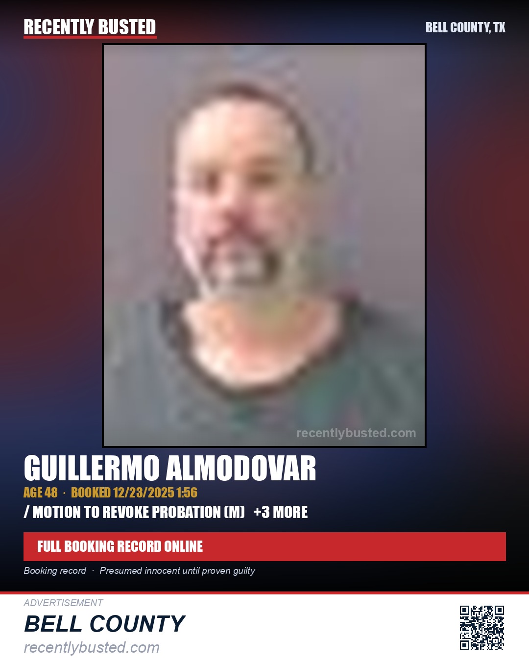 ALMODOVAR, GUILLERMO — arrest record card, Bell County, Texas