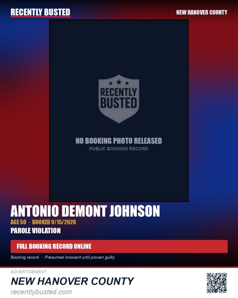 ANTONIO DEMONT JOHNSON — arrest record card, New Hanover