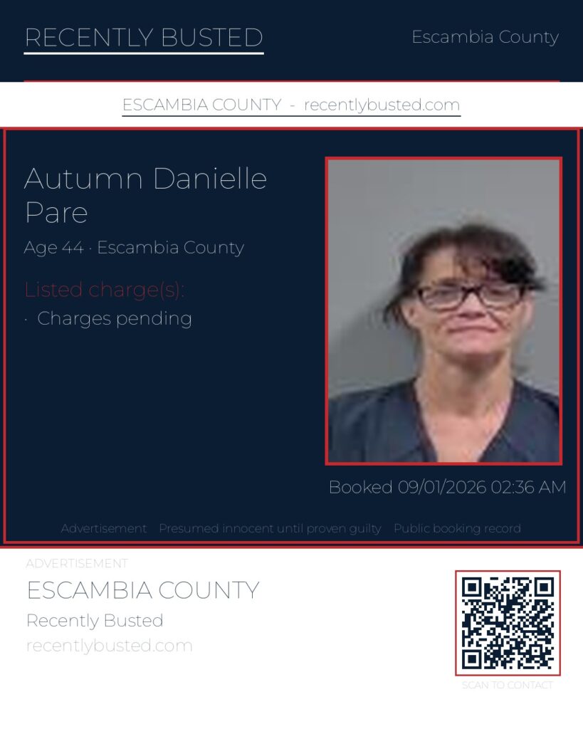 Autumn Danielle Pare — arrest record card, Escambia County, Florida