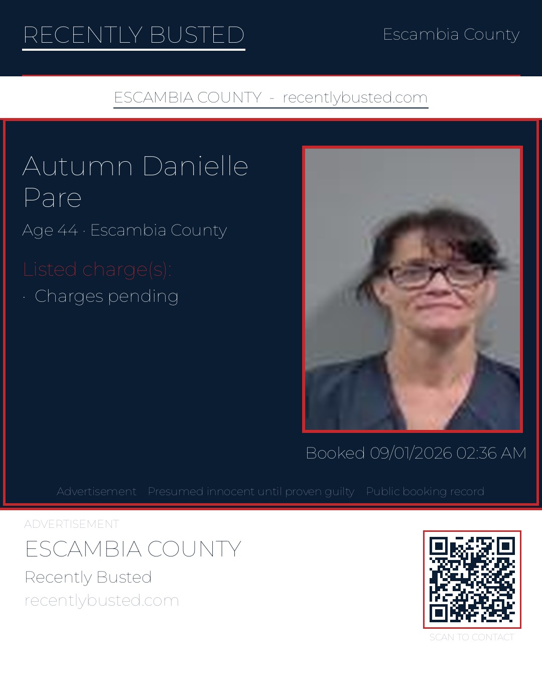 Autumn Danielle Pare — arrest record card, Escambia County, Florida