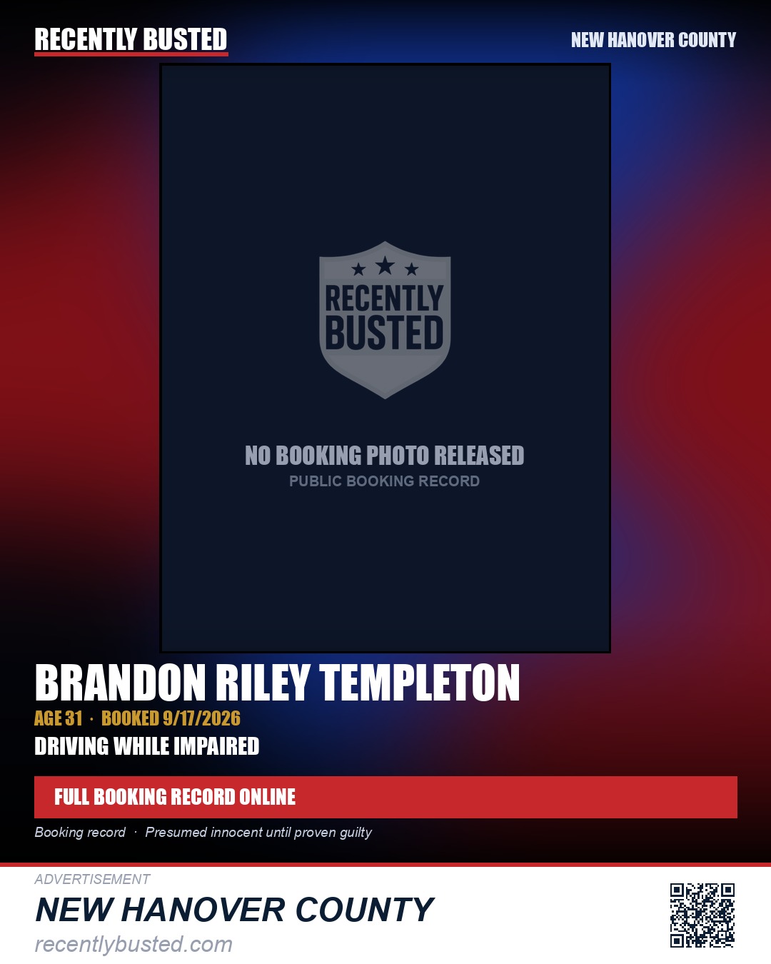 BRANDON RILEY TEMPLETON — arrest record card, New Hanover County