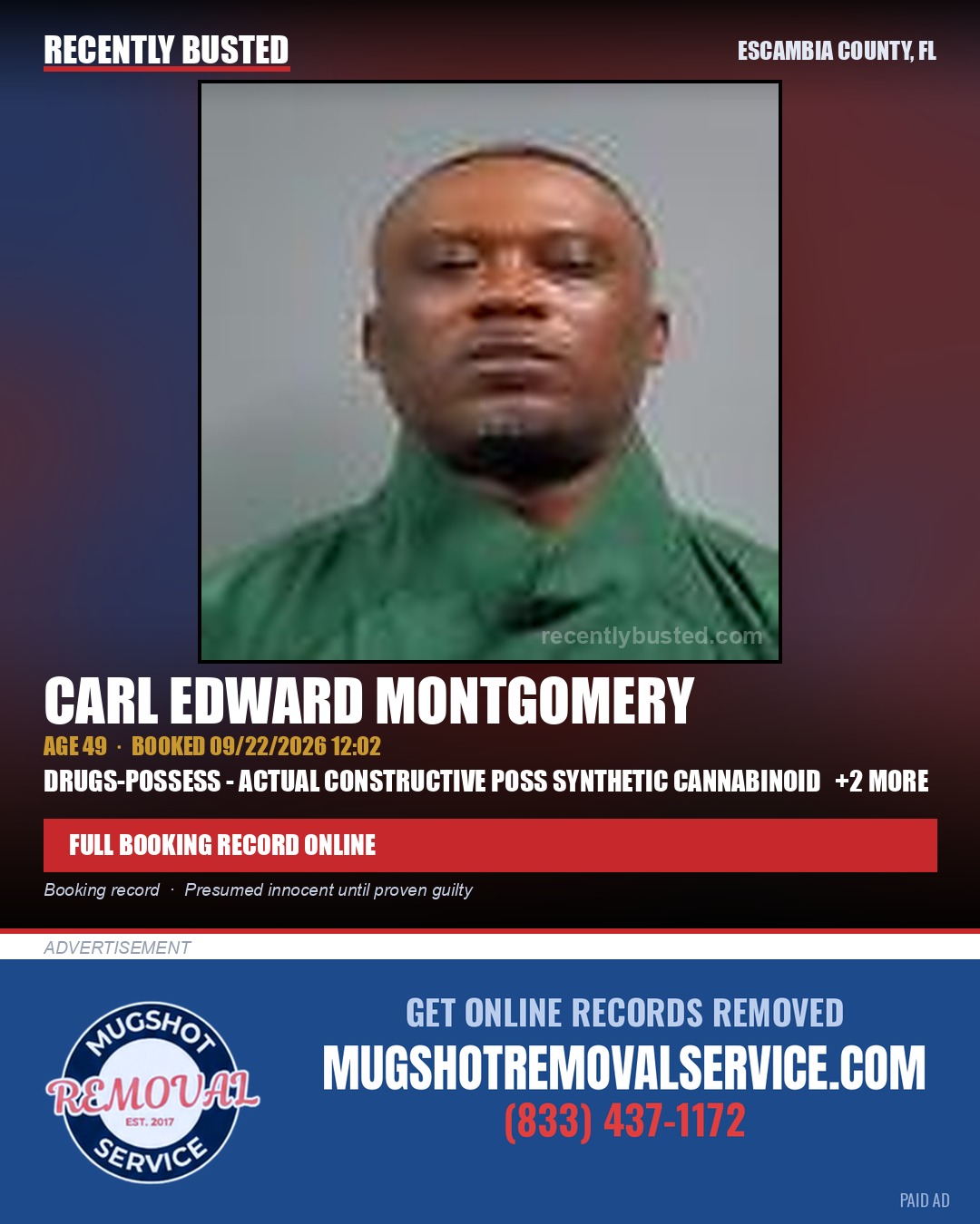 Carl Edward Montgomery — arrest record card, Escambia County, Florida