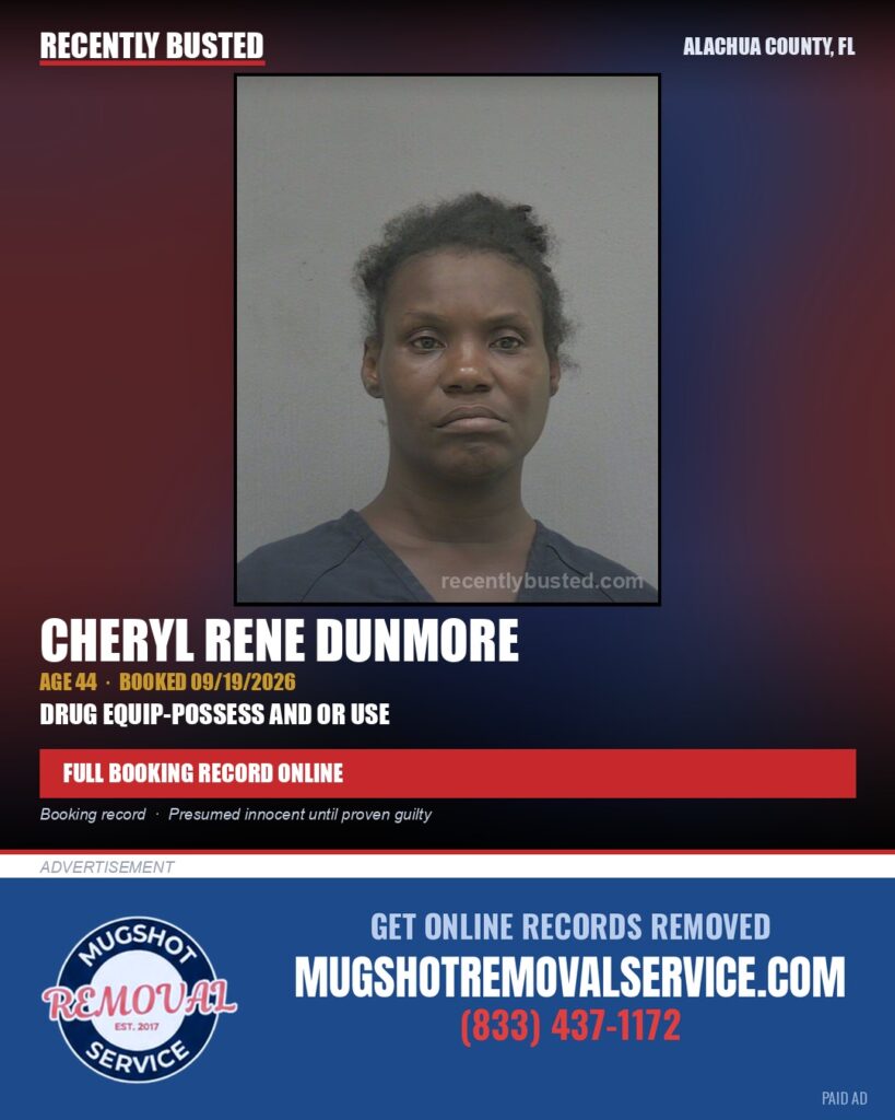 Cheryl Rene Dunmore — arrest record card, Alachua County, Florida