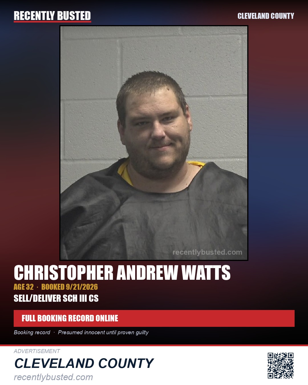 CHRISTOPHER ANDREW WATTS — arrest record card, Cleveland County