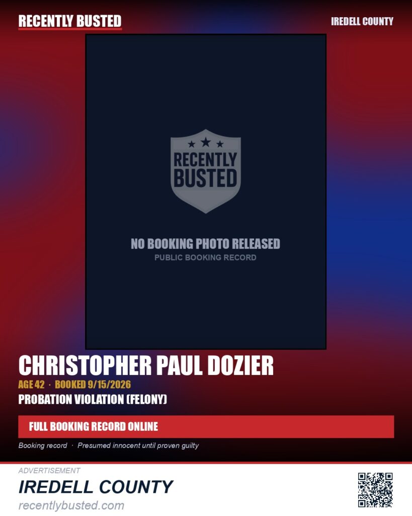 CHRISTOPHER PAUL DOZIER — arrest record card, Iredell County