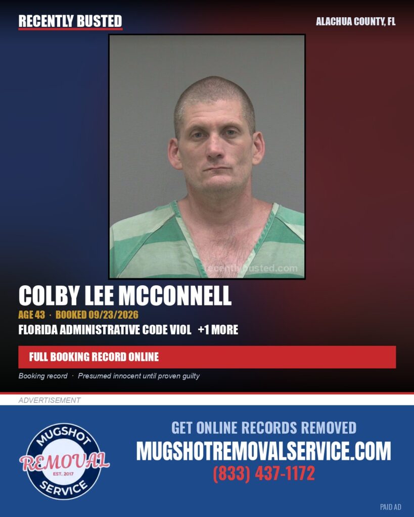 Colby Lee Mcconnell — arrest record card, Alachua County, Florida