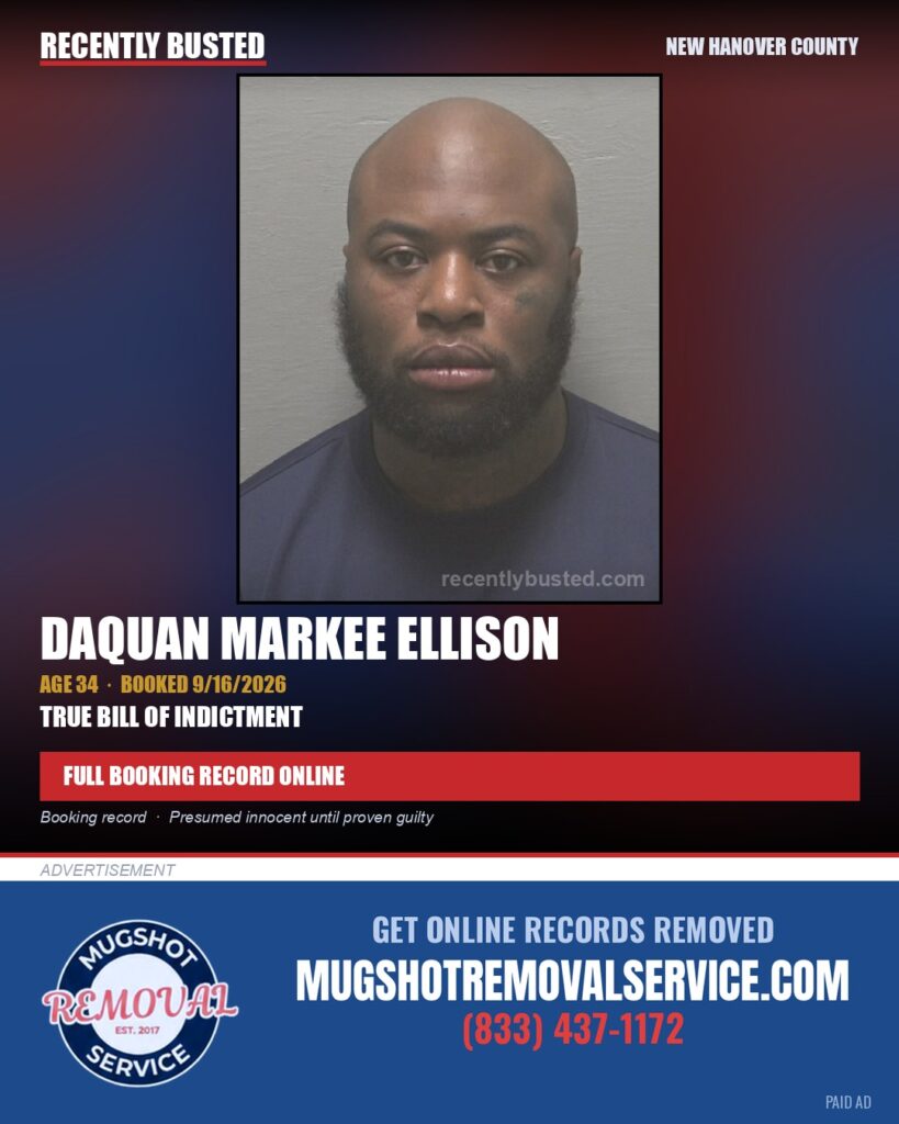DAQUAN MARKEE ELLISON — arrest record card, New Hanover