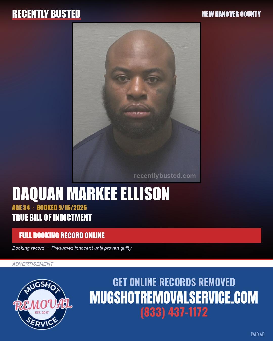 DAQUAN MARKEE ELLISON — arrest record card, New Hanover County