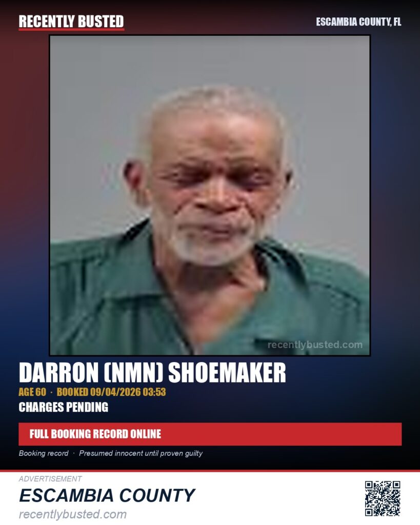 Darron (Nmn) Shoemaker — arrest record card, Escambia County, Florida