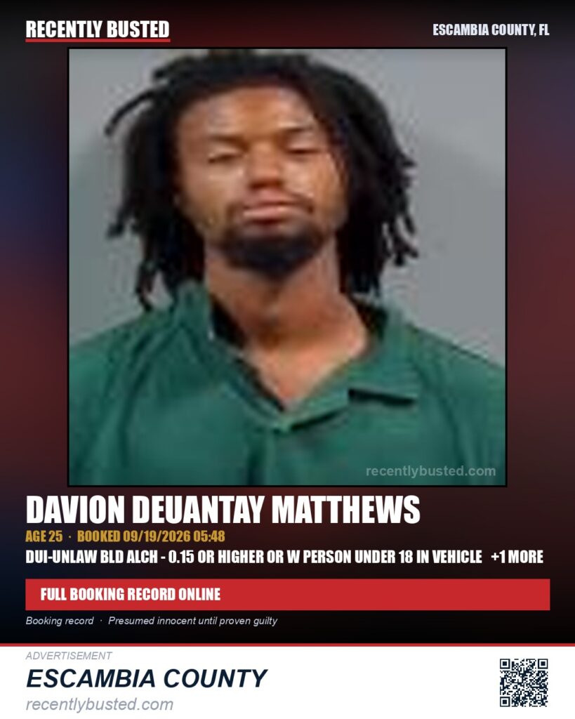 Davion Deuantay Matthews — arrest record card, Escambia County, Florida