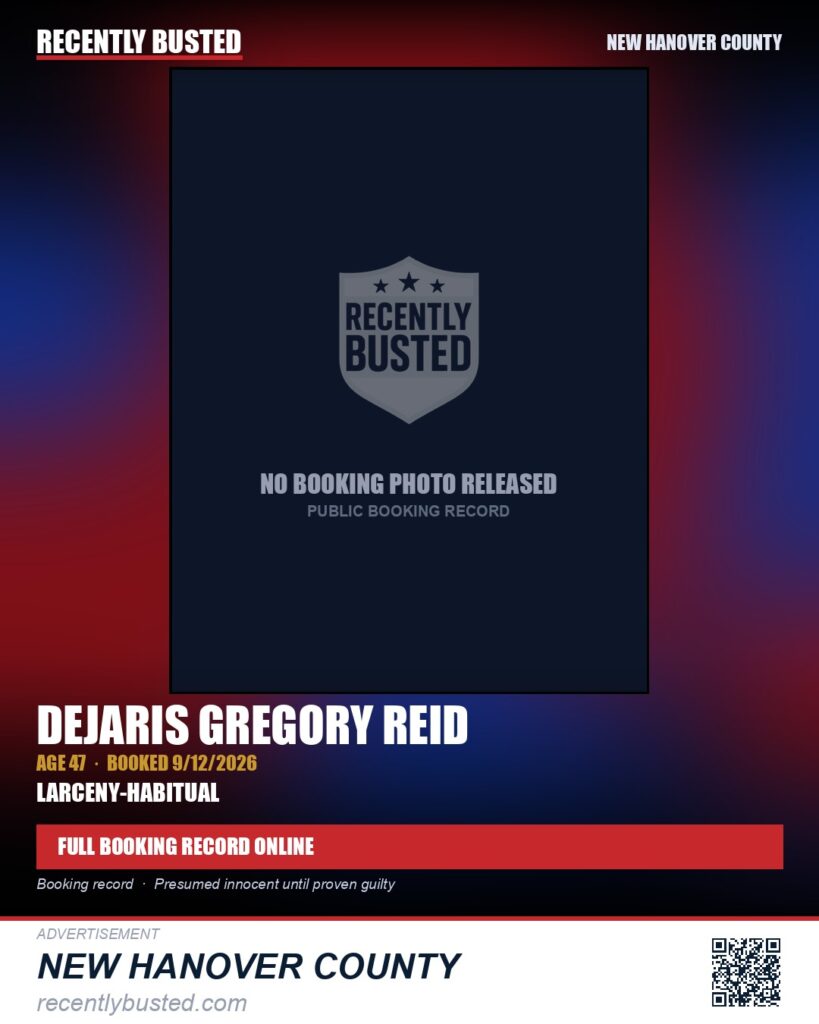 DEJARIS GREGORY REID — arrest record card, New Hanover County
